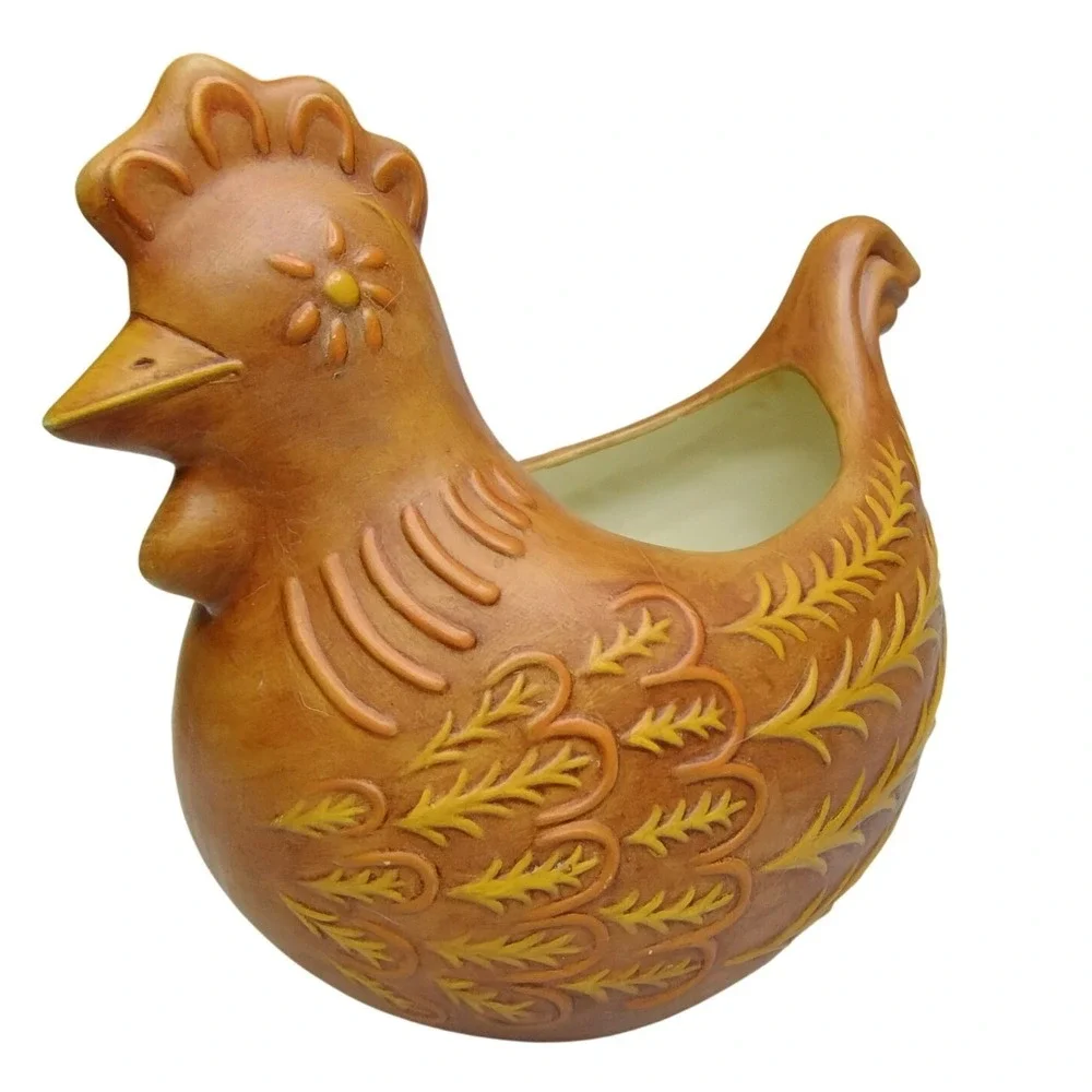 Vintage Ceramic Chicken Planter Brown Yellow Mid Century‎ Farmhouse Decor